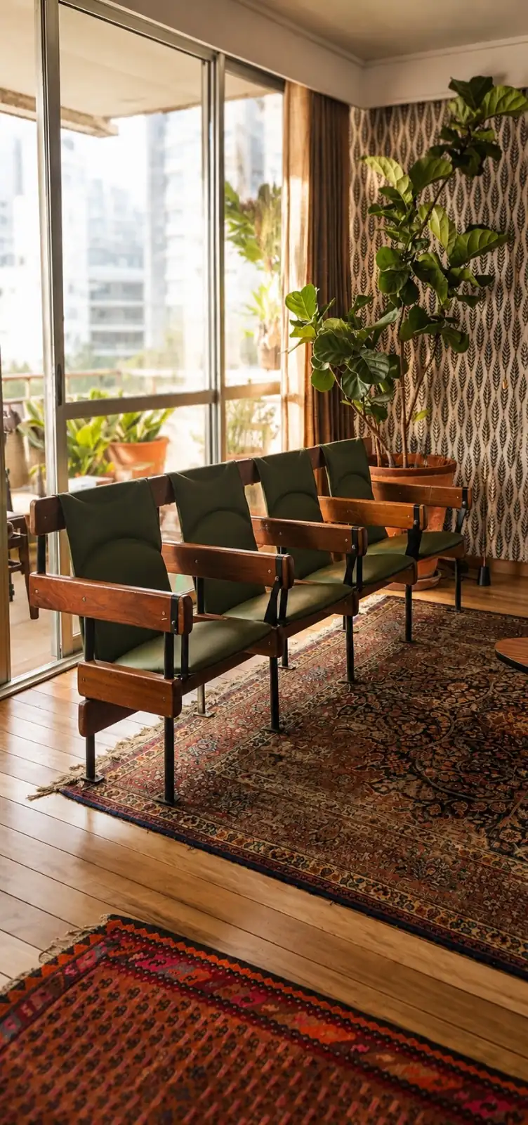 Banco de madeira com estofado verde em sala de estar