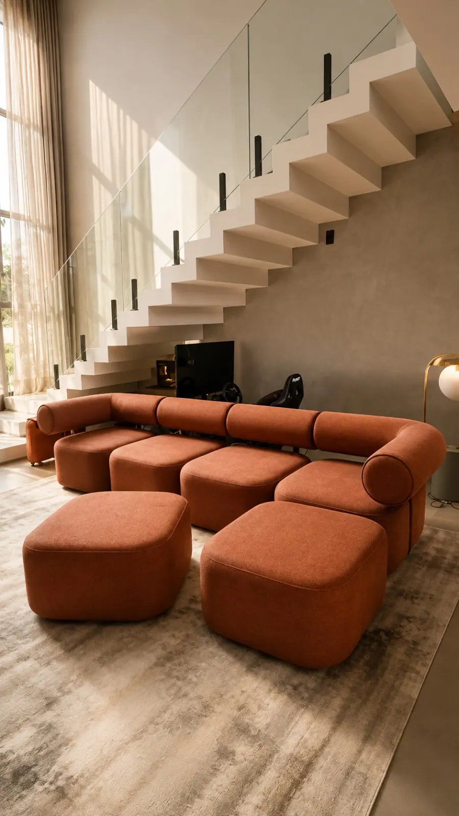 Sofá modular terracota com pufes sob medida